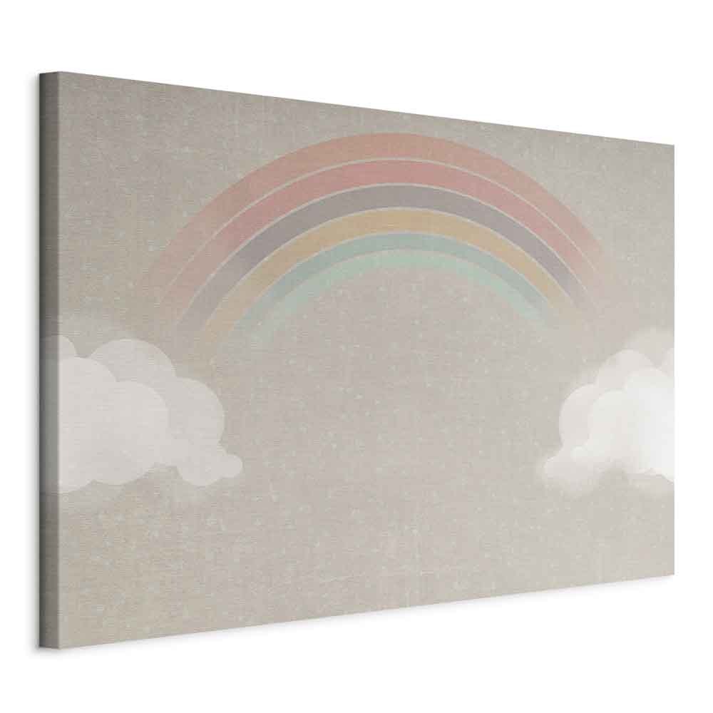 Canvas Print Rainy June Rainbow Emerges from Clouds on Bright Background
