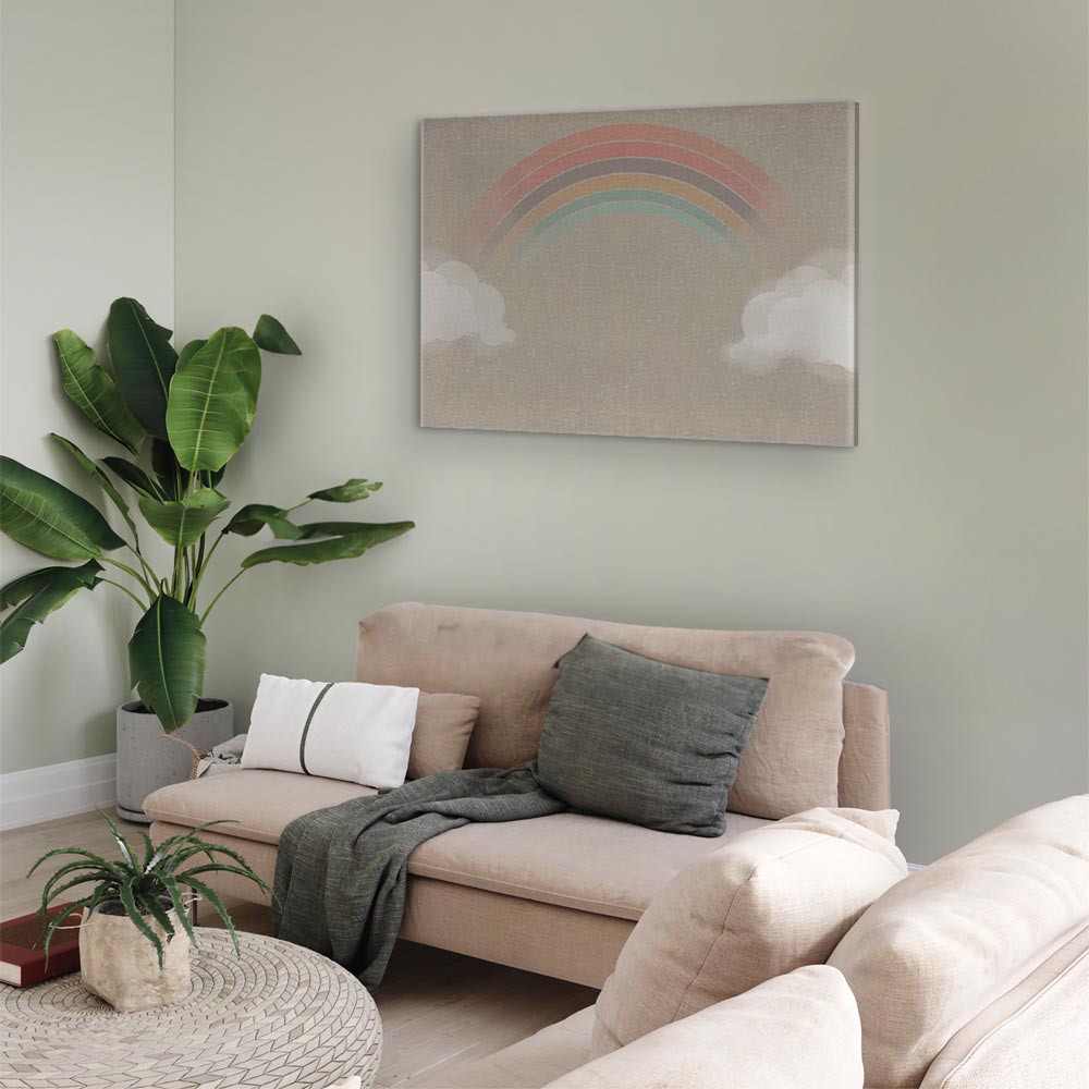 Canvas Print Rainy June Rainbow Emerges from Clouds on Bright Background