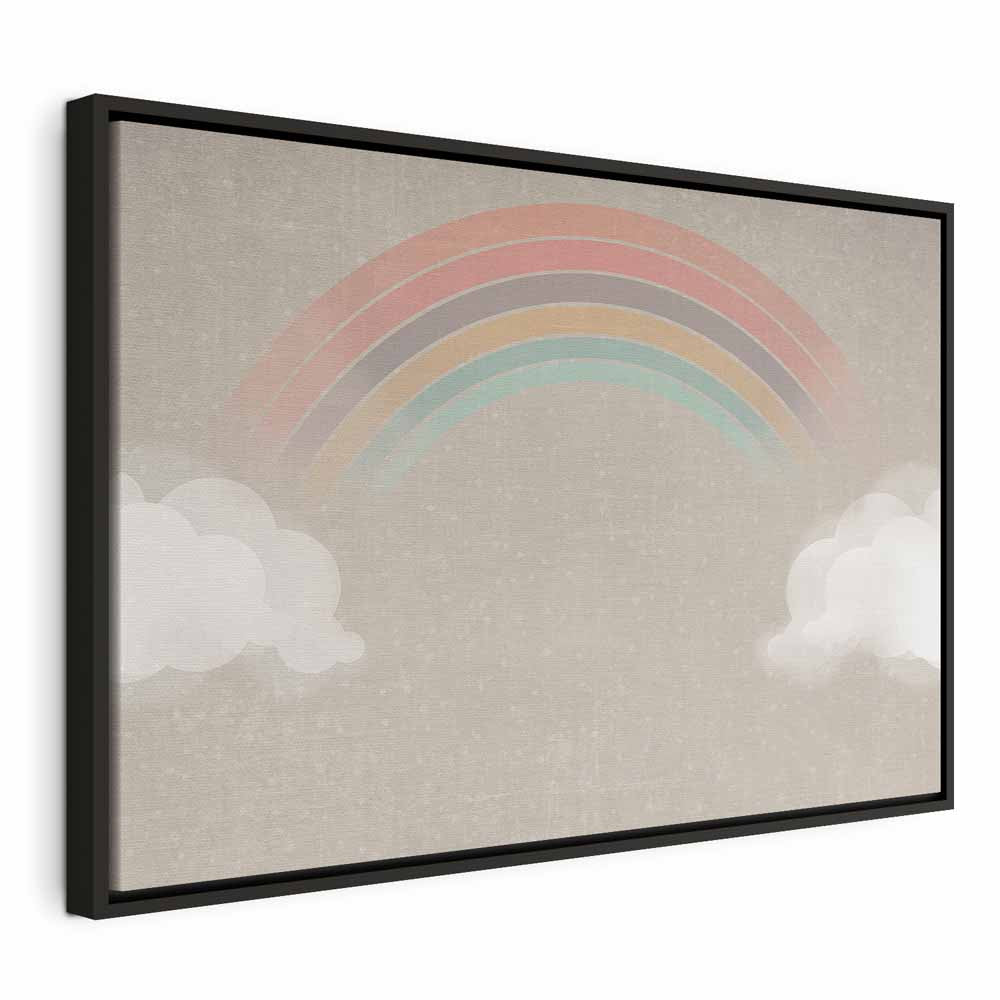 Canvas Print Rainy June Rainbow Emerges from Clouds on Bright Background