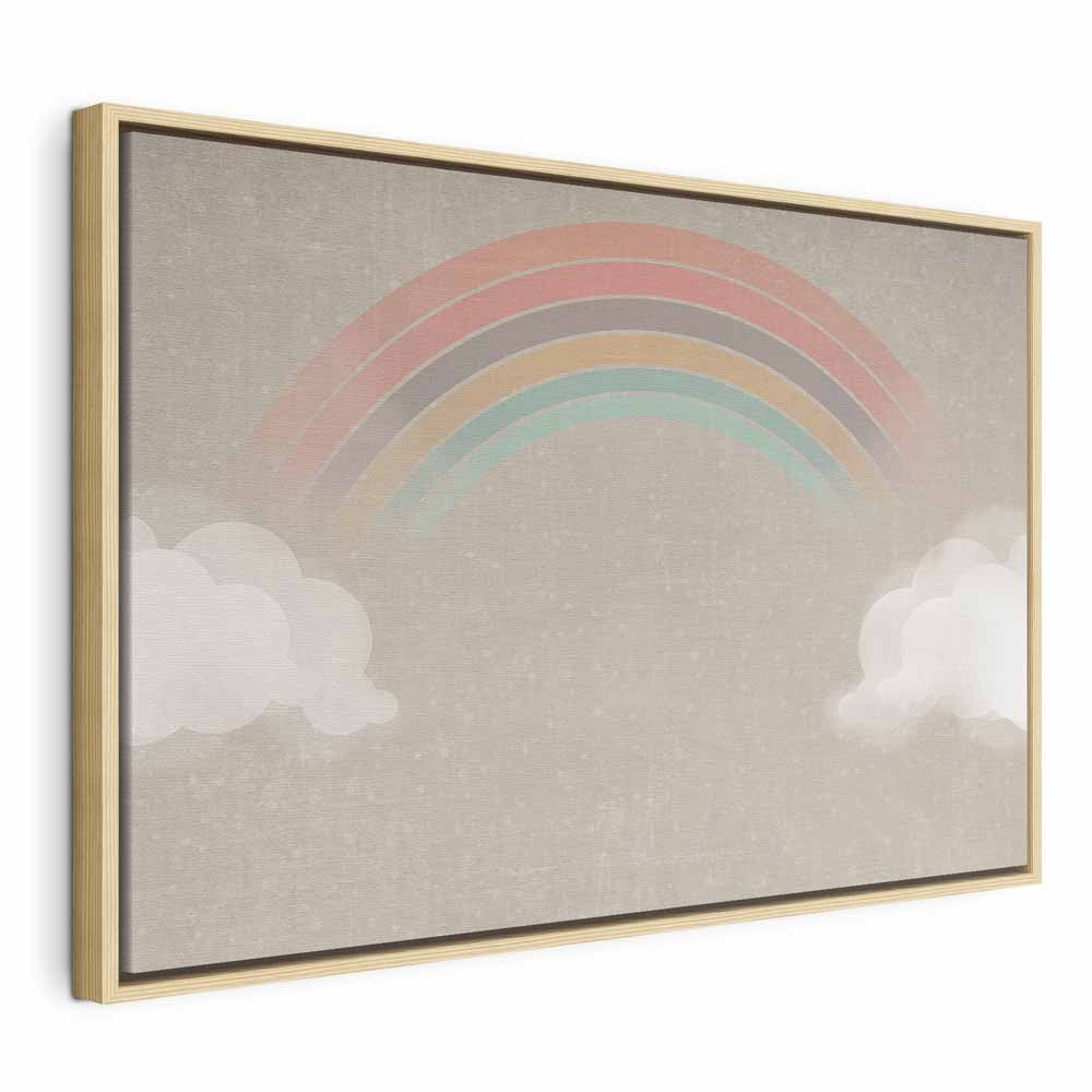 Canvas Print Rainy June Rainbow Emerges from Clouds on Bright Background
