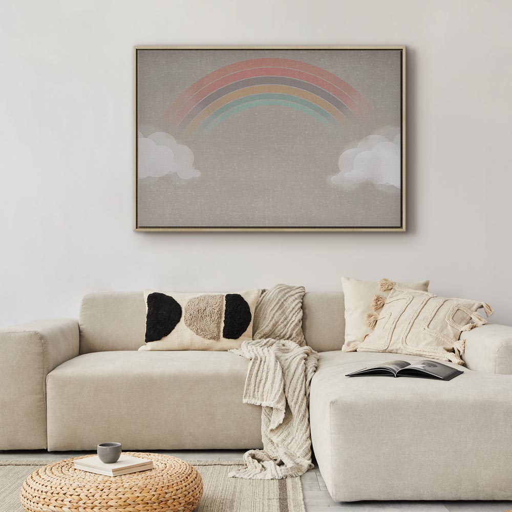 Canvas Print Rainy June Rainbow Emerges from Clouds on Bright Background