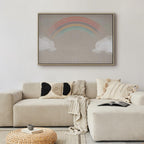 Canvas Print Rainy June Rainbow Emerges from Clouds on Bright Background