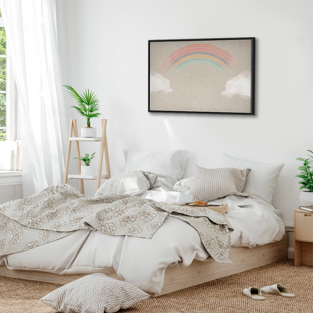 Canvas Print Rainy June Rainbow Emerges from Clouds on Bright Background