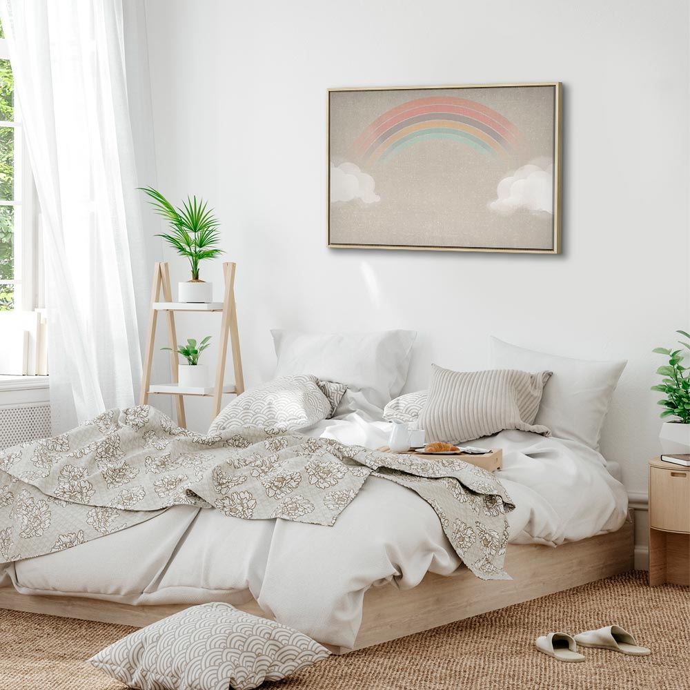 Canvas Print Rainy June Rainbow Emerges from Clouds on Bright Background