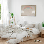 Canvas Print Rainy June Rainbow Emerges from Clouds on Bright Background