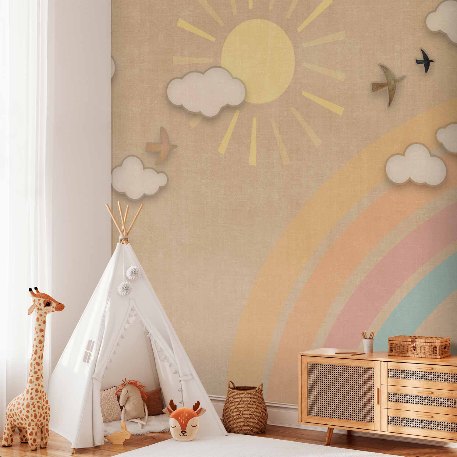 Rainbow Clouds Birds Children's Wall Mural