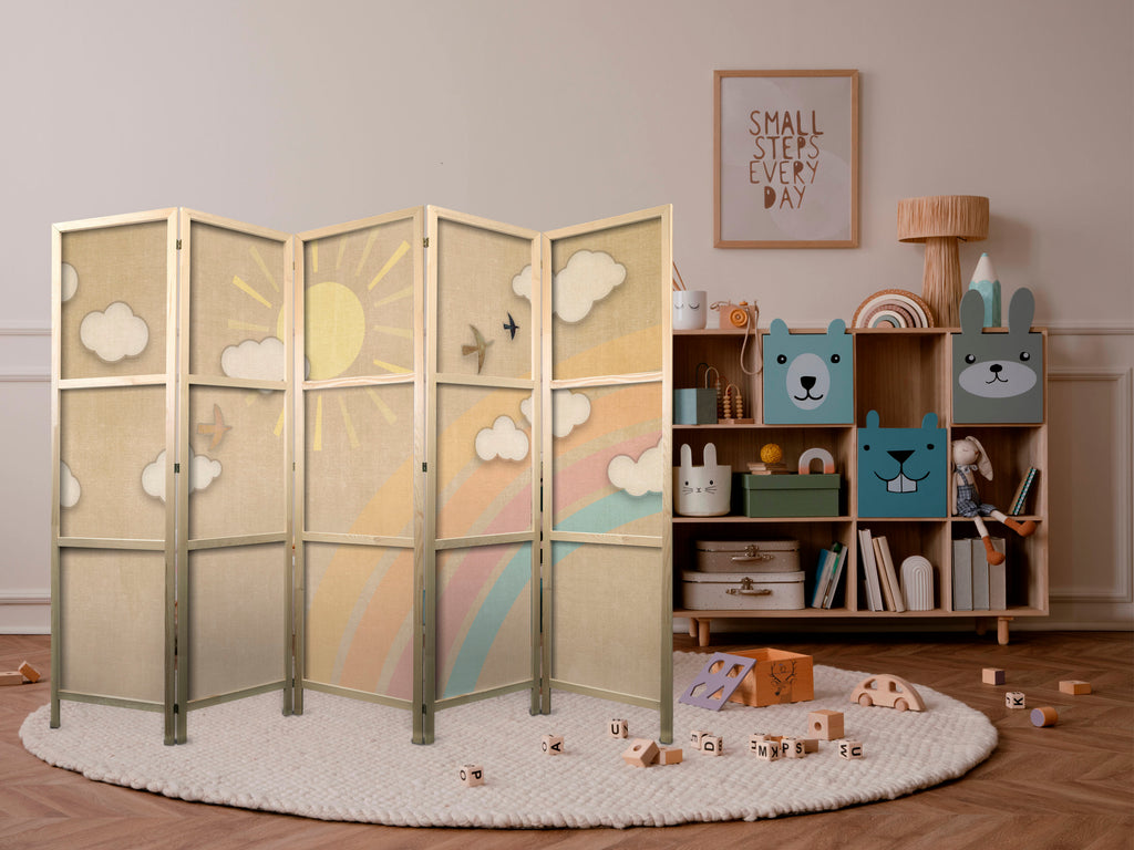 Japanese Room Divider - Holiday Sky with Rainbow Birds