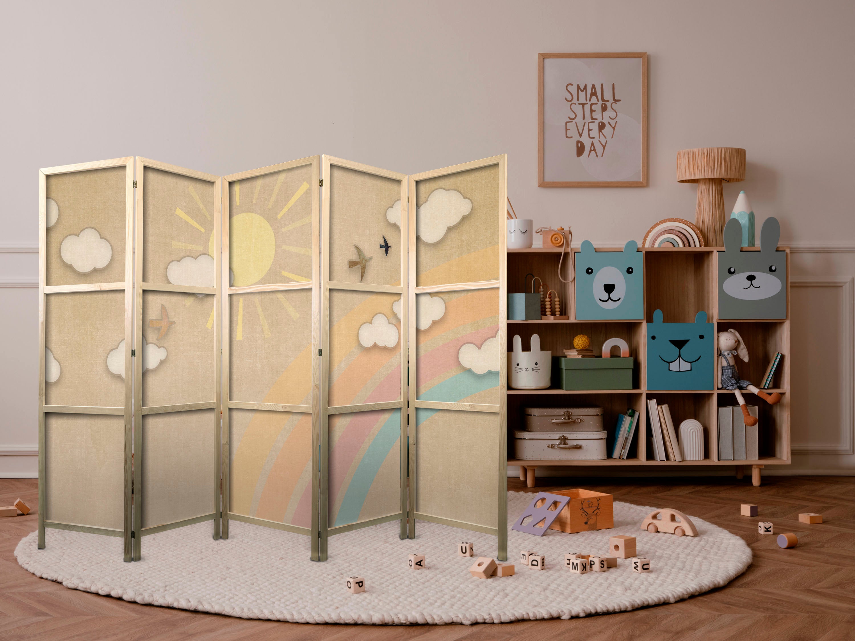 Japanese Room Divider - Holiday Sky with Rainbow Birds