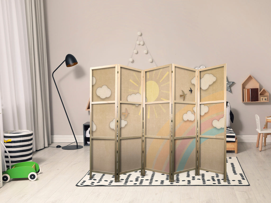 Japanese Room Divider - Holiday Sky with Rainbow Birds