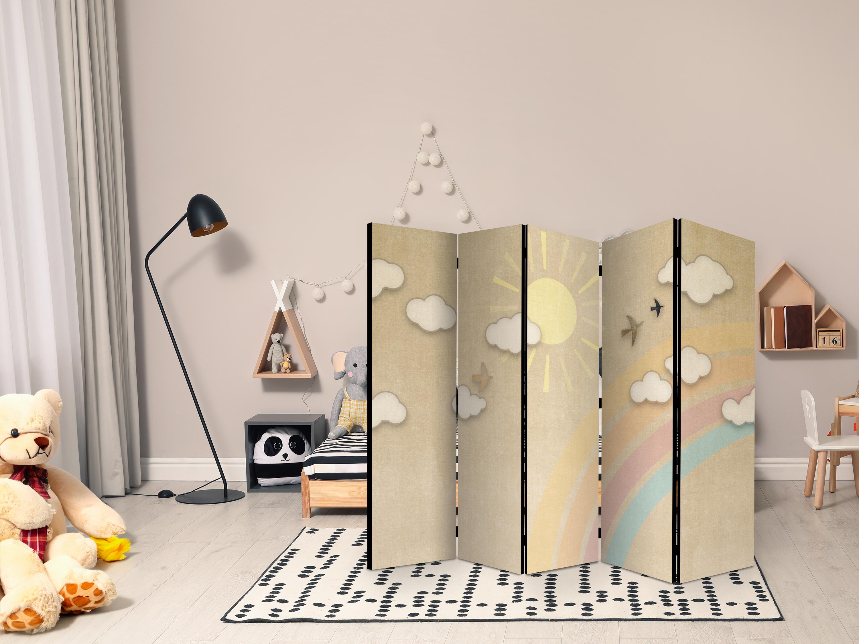 Room Divider - Holiday Sky - A Rainbow on a Sunny Day and Flying Birds