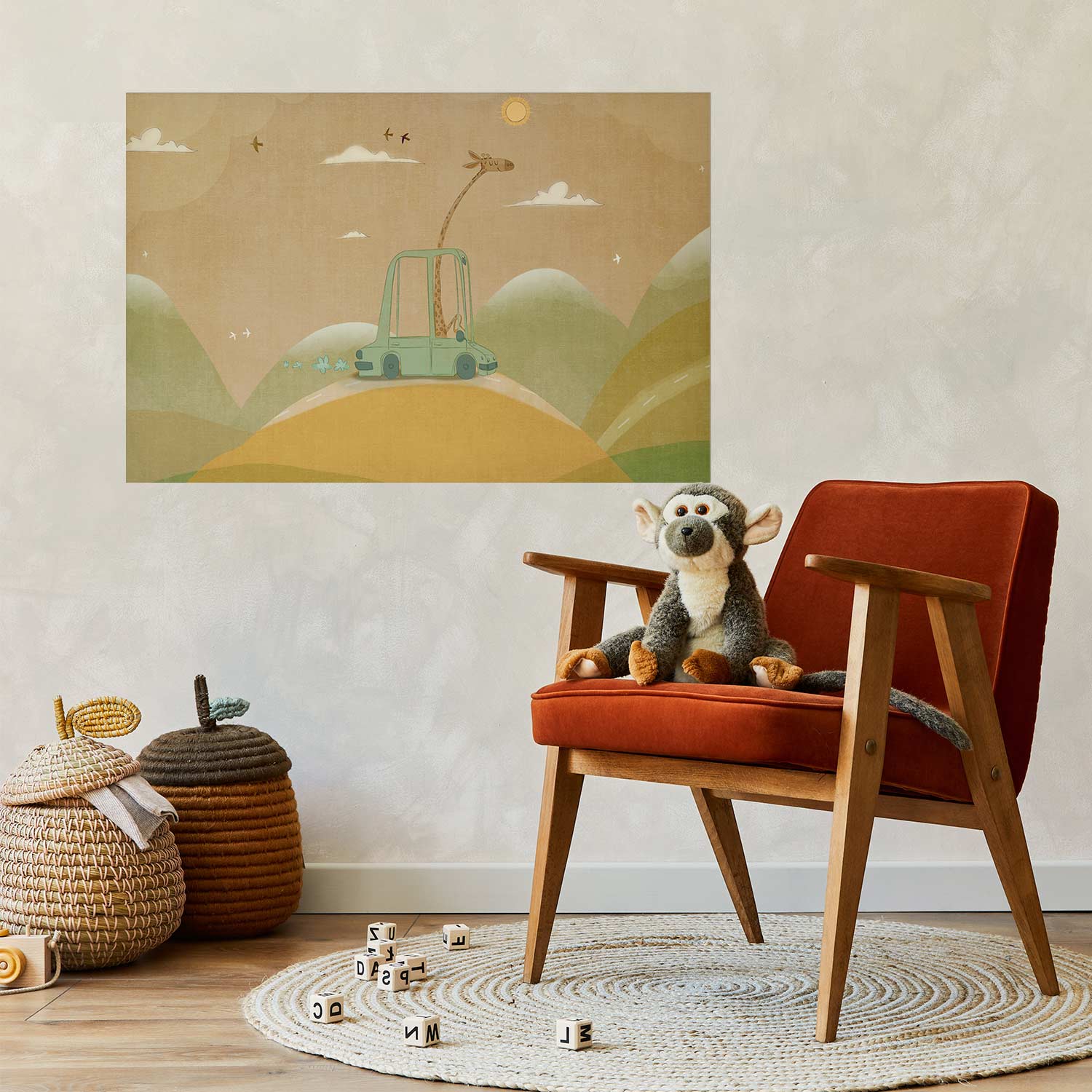 Traveling Giraffe Beige Kids Poster