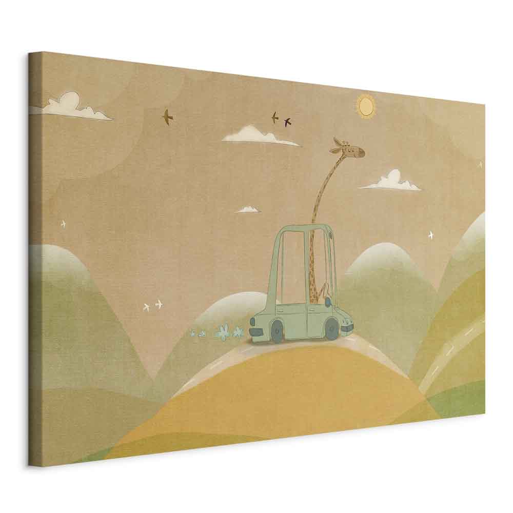 Canvas Print Dreamy Traveler with Cheerful Giraffe in Sunny Scene