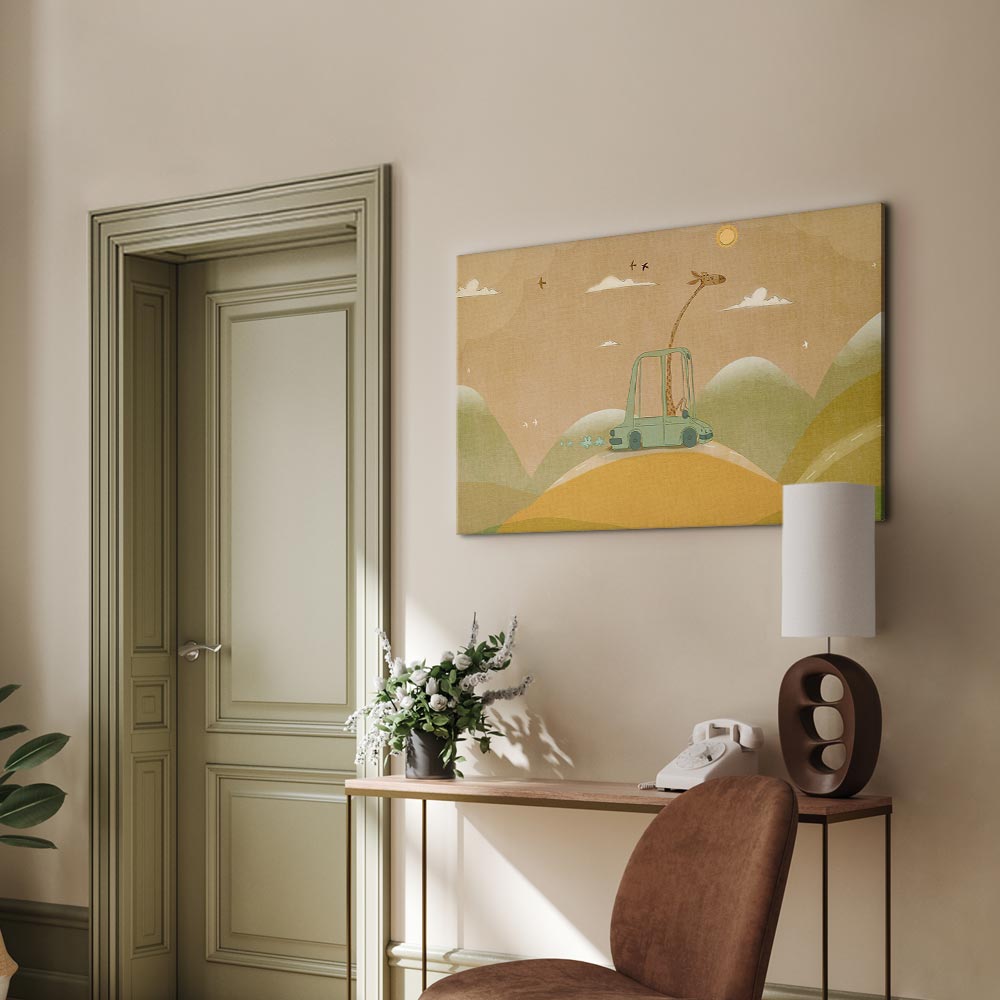 Canvas Print Dreamy Traveler with Cheerful Giraffe in Sunny Scene