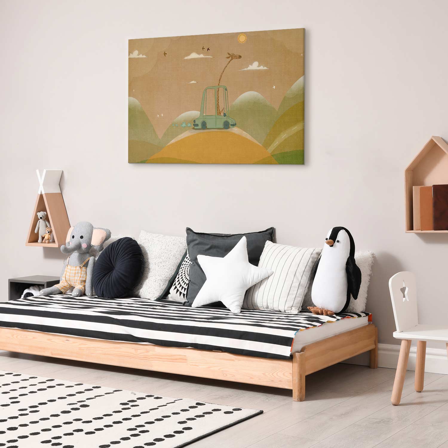 Giraffe Driving Car Sunny Day Canvas Print