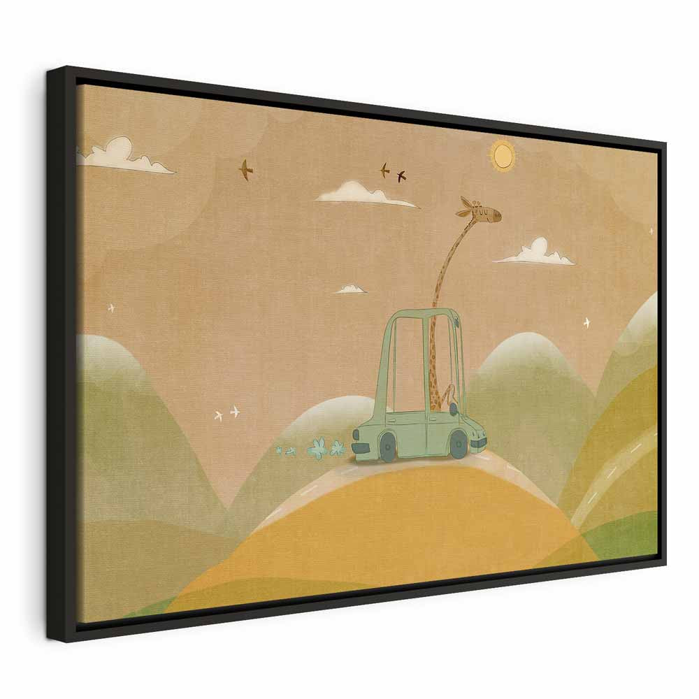 Canvas Print Dreamy Traveler with Cheerful Giraffe in Sunny Scene