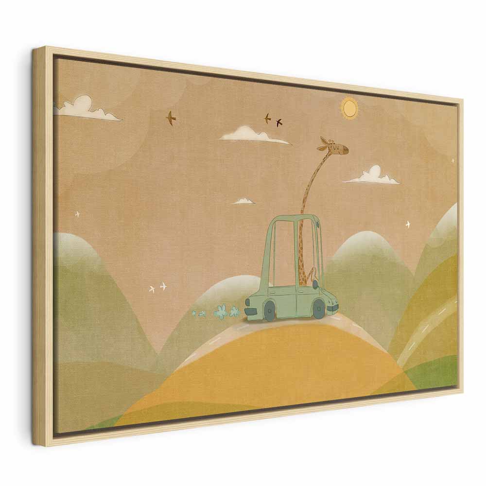 Canvas Print Dreamy Traveler with Cheerful Giraffe in Sunny Scene
