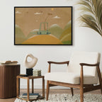 Canvas Print Dreamy Traveler with Cheerful Giraffe in Sunny Scene