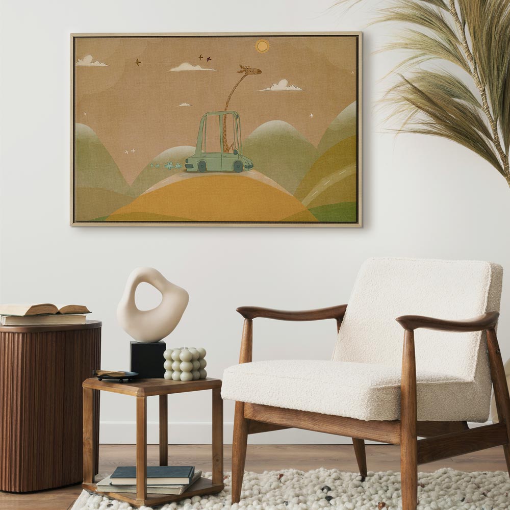 Canvas Print Dreamy Traveler with Cheerful Giraffe in Sunny Scene