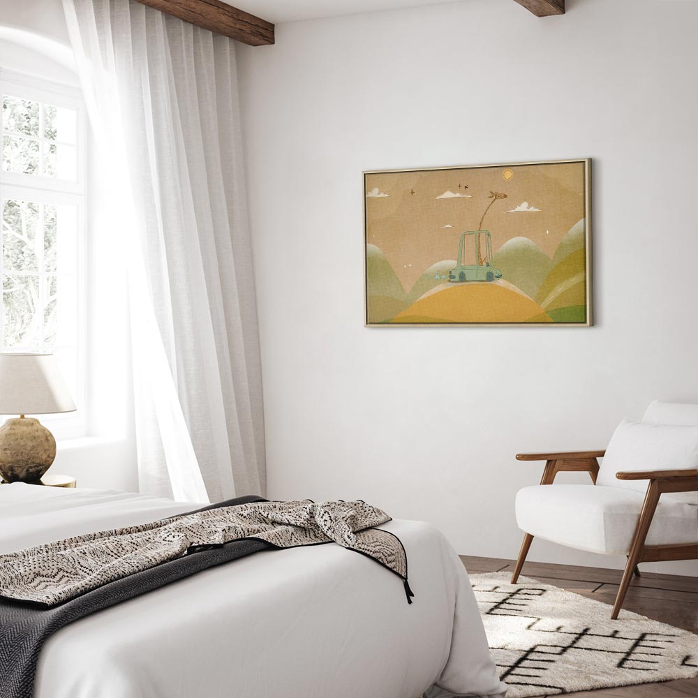 Canvas Print Dreamy Traveler with Cheerful Giraffe in Sunny Scene