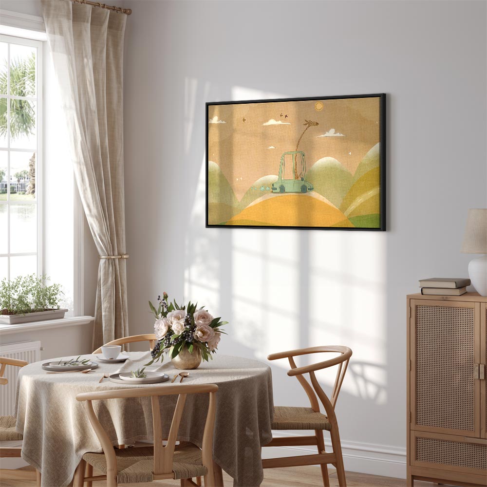 Canvas Print Dreamy Traveler with Cheerful Giraffe in Sunny Scene