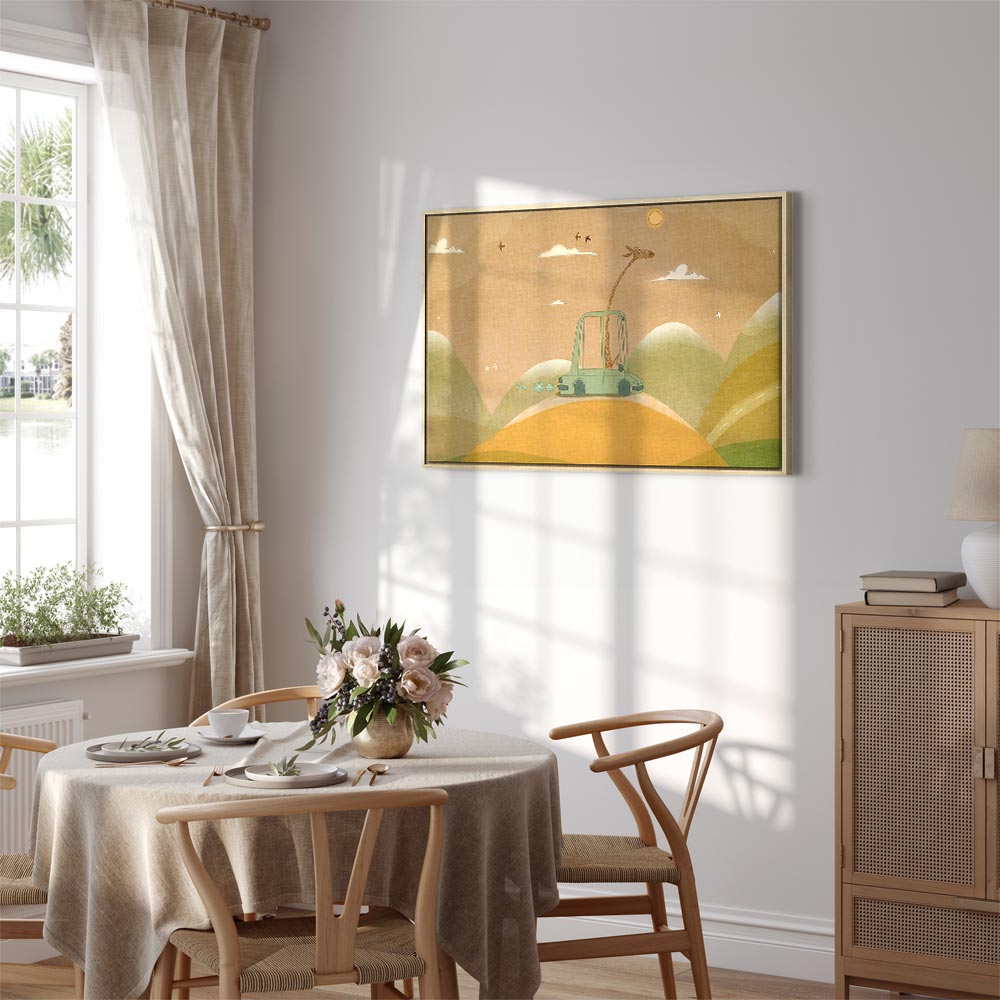 Canvas Print Dreamy Traveler with Cheerful Giraffe in Sunny Scene