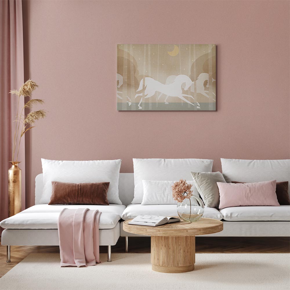 Canvas Print Moon Horses - Horses Galloping Among Trees on a Starry Night