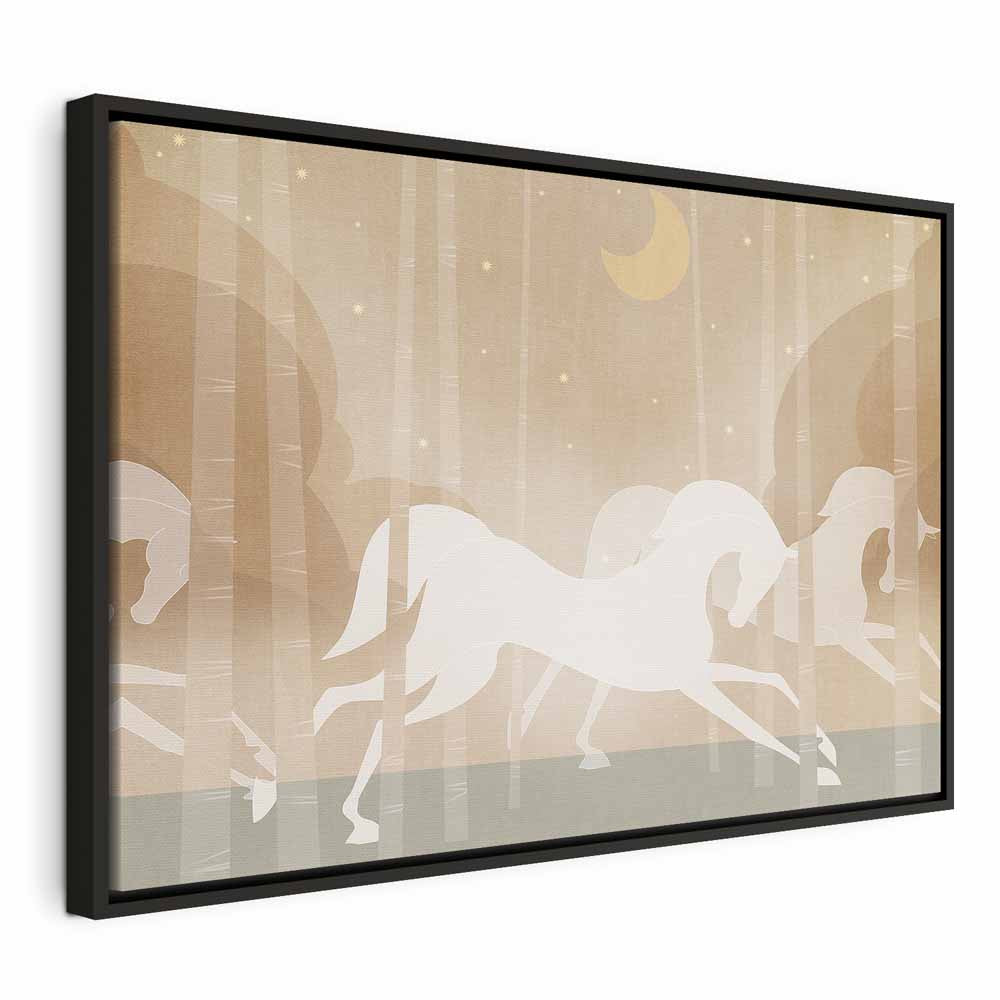 Canvas Print Moon Horses - Horses Galloping Among Trees on a Starry Night