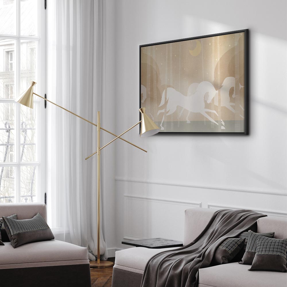 Canvas Print Moon Horses - Horses Galloping Among Trees on a Starry Night