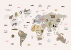Wall Mural Pastel Map Animals and Continents for Children's Room