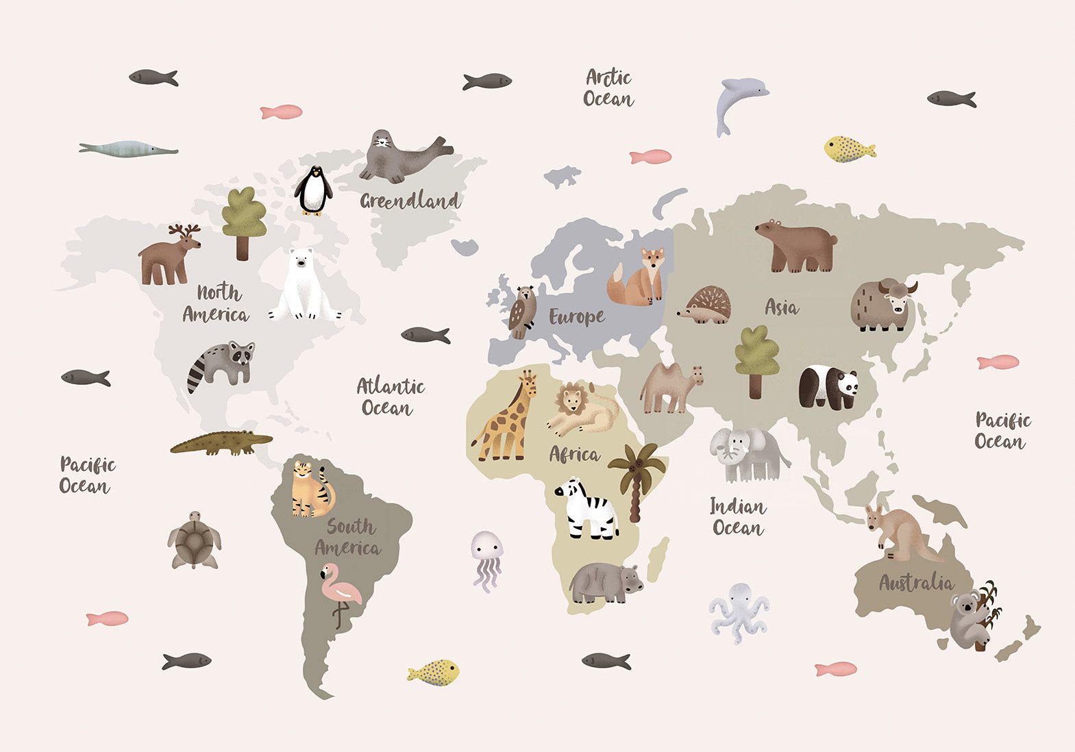 Wall Mural Pastel Map Animals and Continents for Children's Room