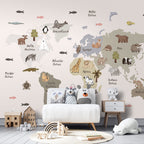 Wall Mural Pastel Map Animals and Continents for Children's Room