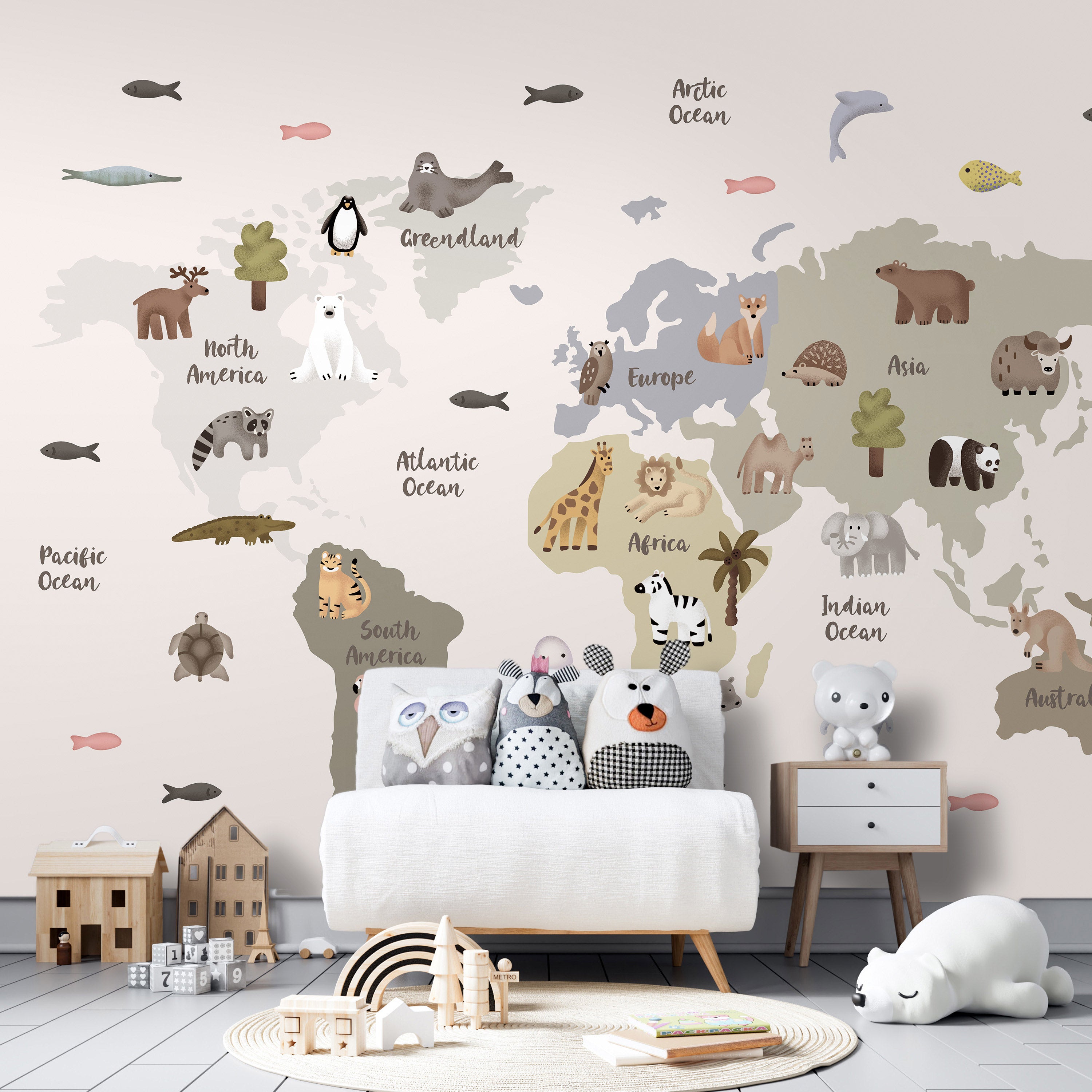 Wall Mural Pastel Map Animals and Continents for Children's Room