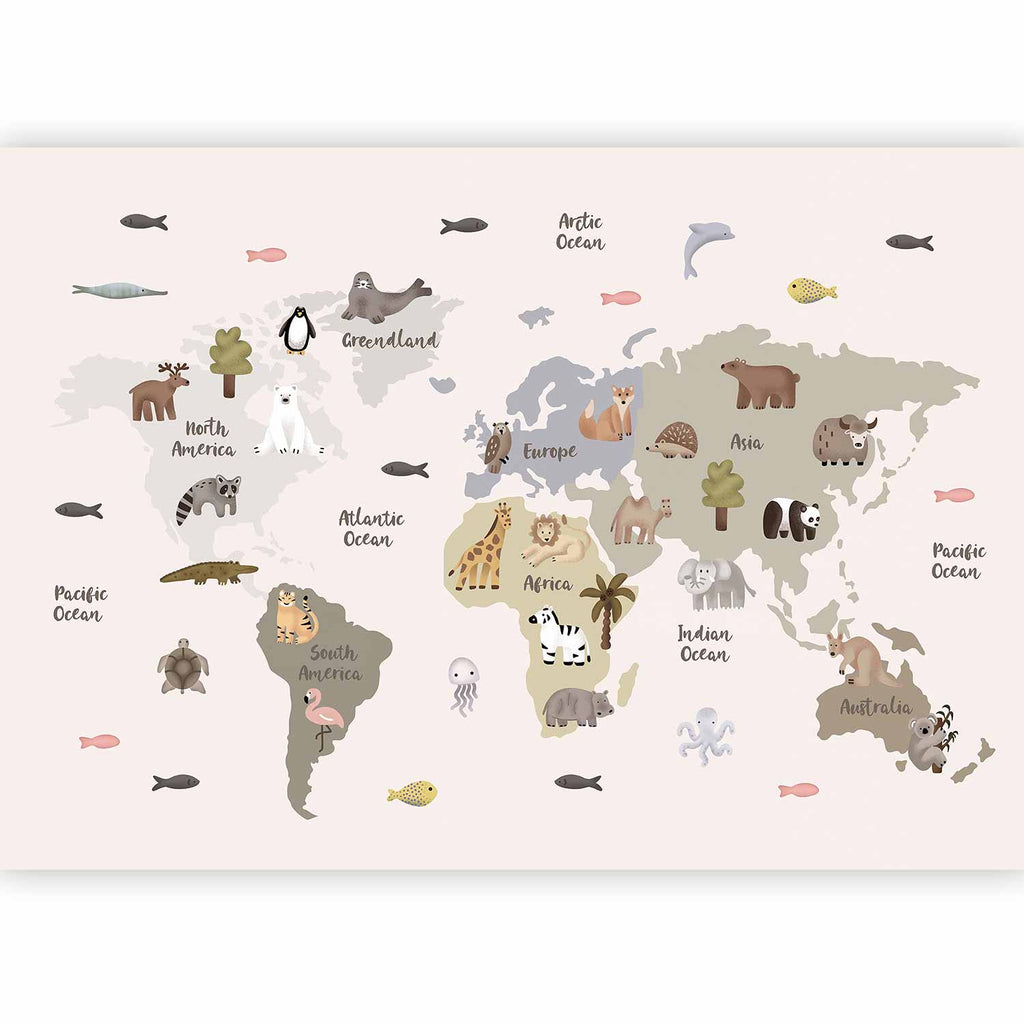 Wall Mural Pastel Map Animals and Continents for Children's Room