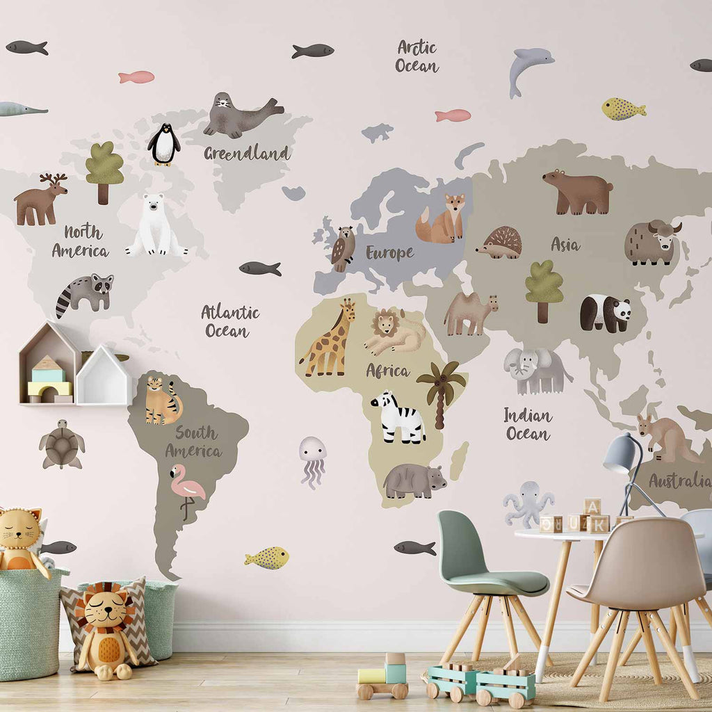 Wall Mural Pastel Map Animals and Continents for Children's Room