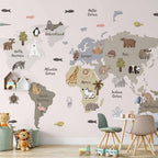 Wall Mural Pastel Map Animals and Continents for Children's Room
