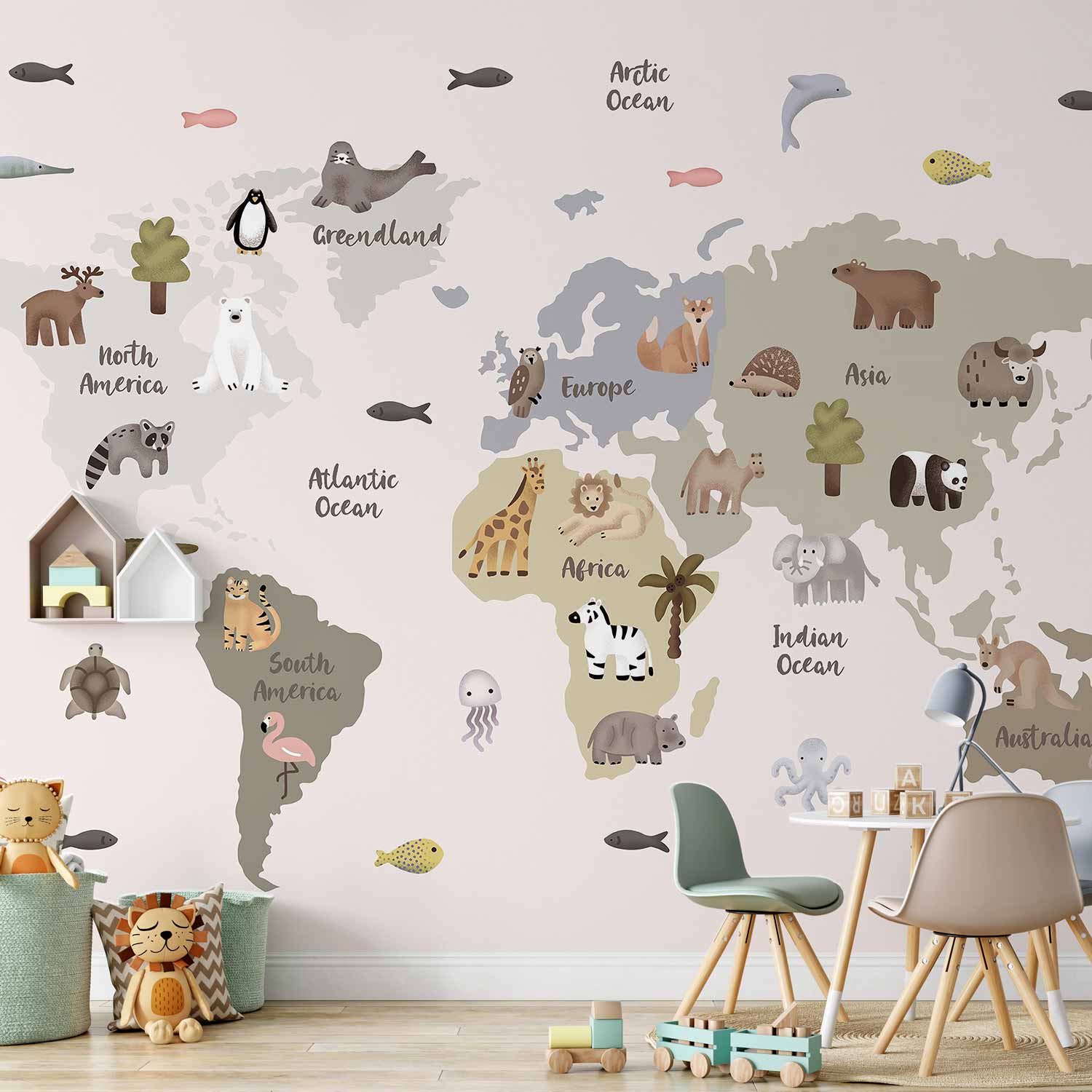 Wall Mural Pastel Map Animals and Continents for Children's Room