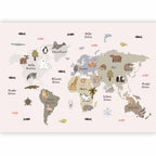Wall Mural Pastel Map Animals and Continents for Children's Room