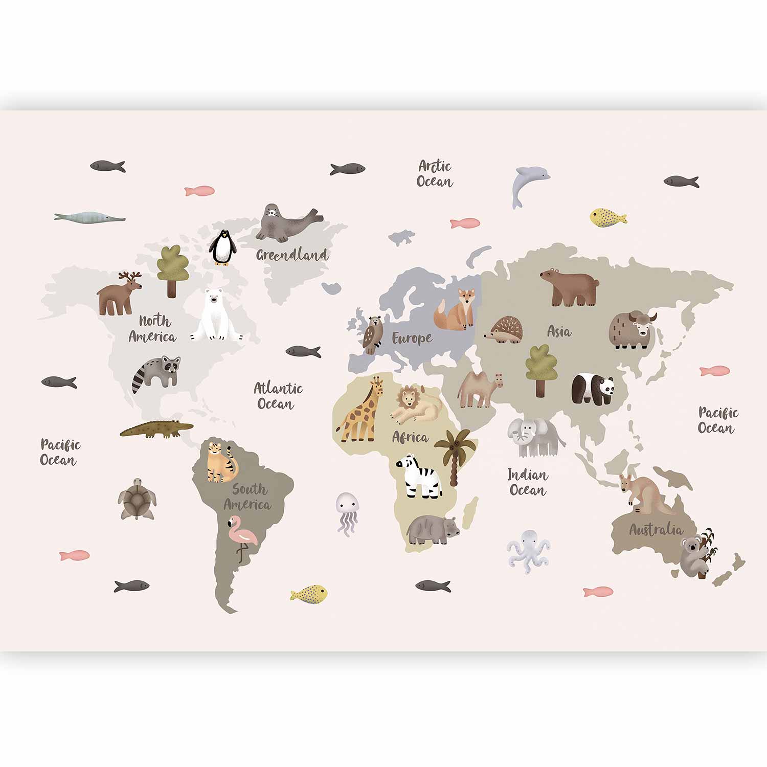 Wall Mural Pastel Map Animals and Continents for Children's Room