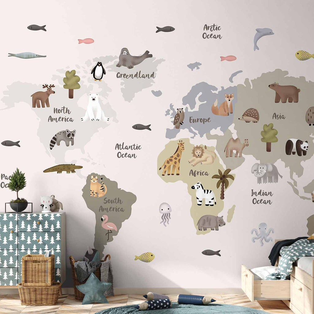 Wall Mural Pastel Map Animals and Continents for Children's Room