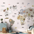 Wall Mural Pastel Map Animals and Continents for Children's Room