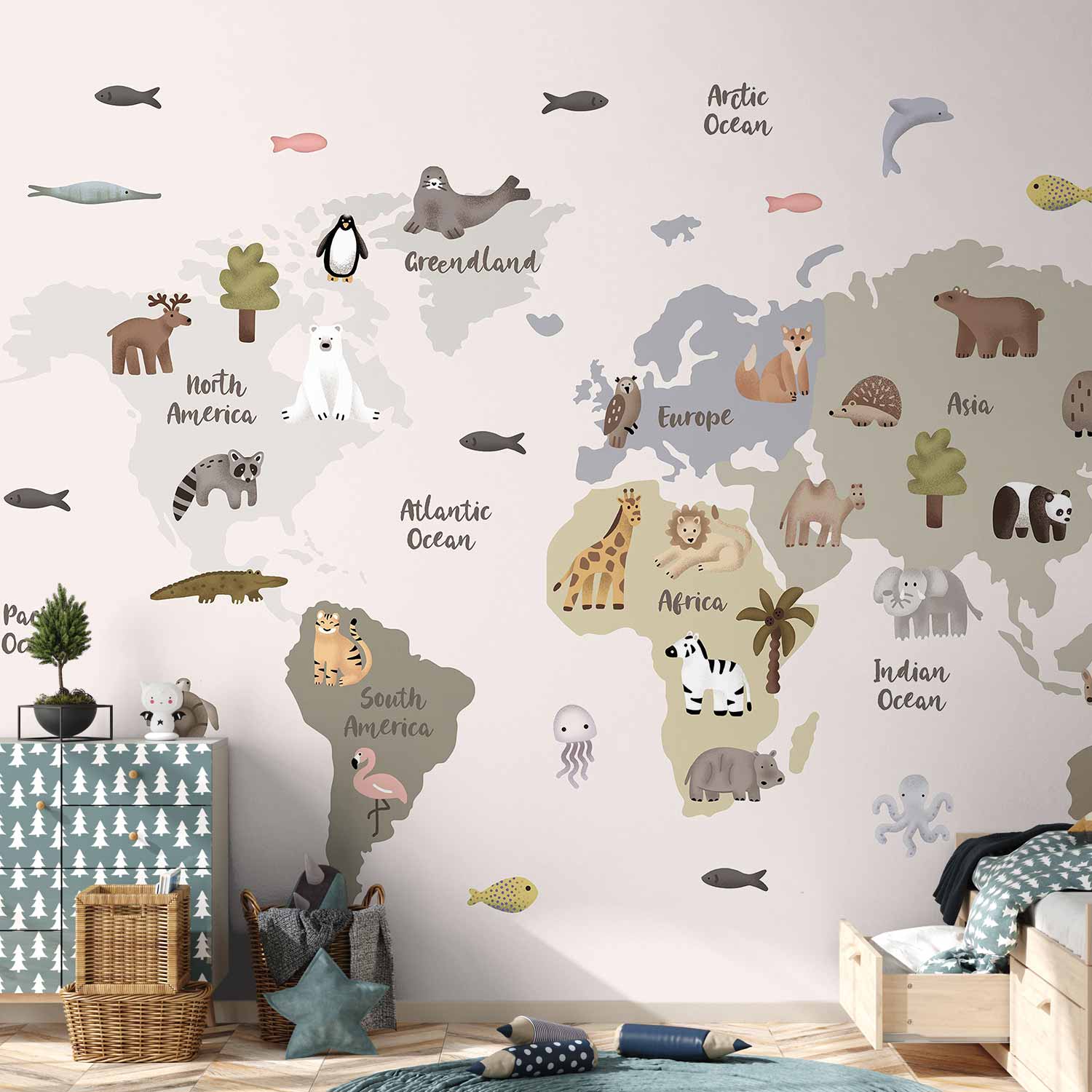 Wall Mural Pastel Map Animals and Continents for Children's Room