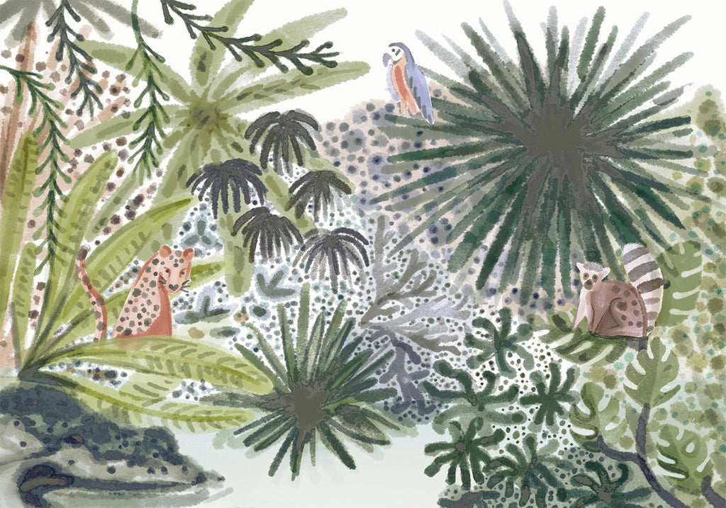 Wandbild Flora von Madagaskar, tropische Landschaft mit Aquarelltieren