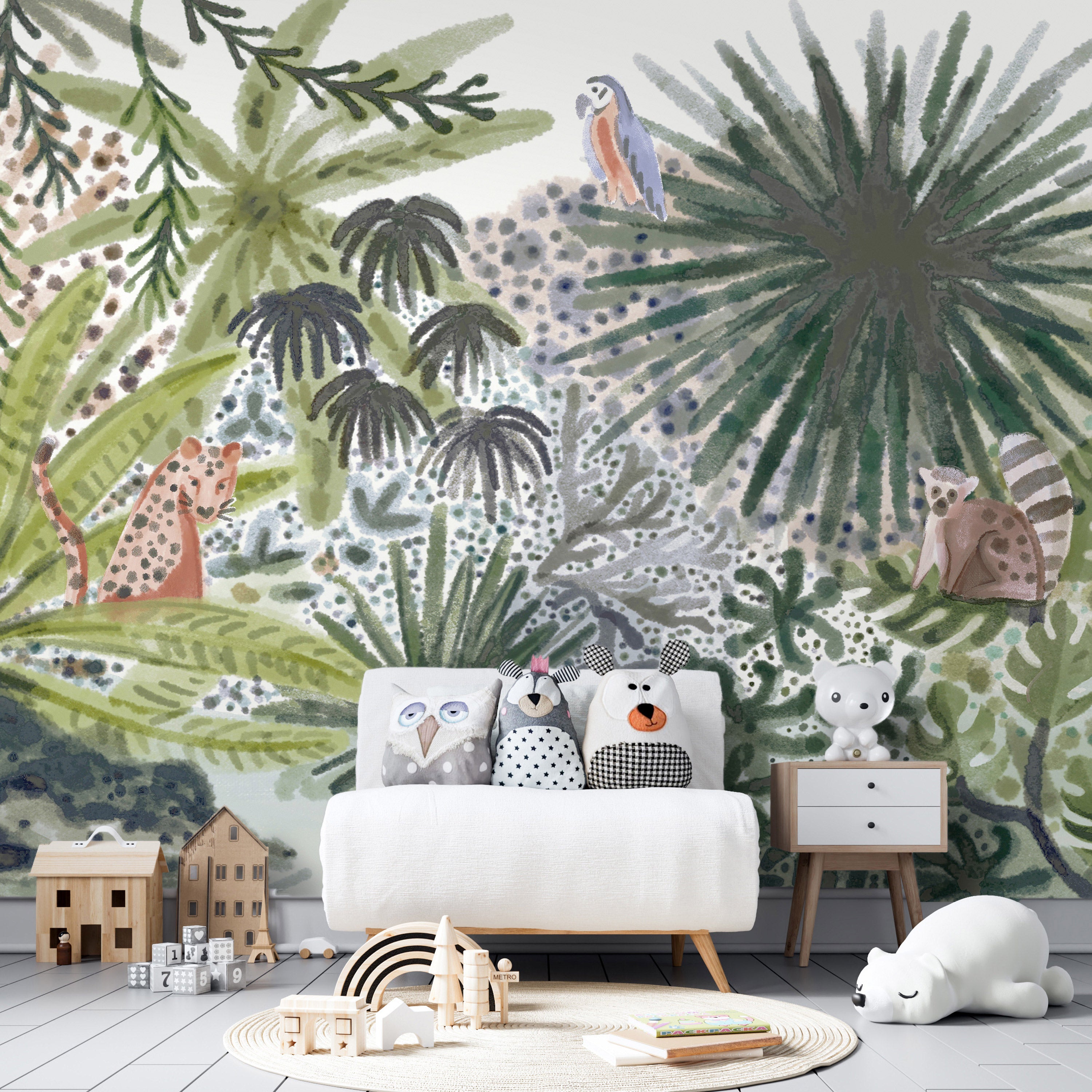 Wall Mural Flora of Madagascar Tropical Landscape with Watercolour Animals