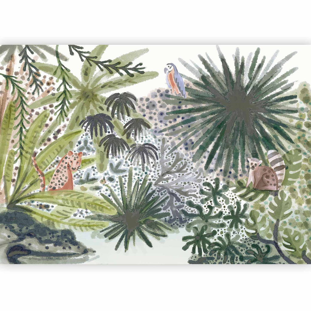 Wandbild Flora von Madagaskar, tropische Landschaft mit Aquarelltieren