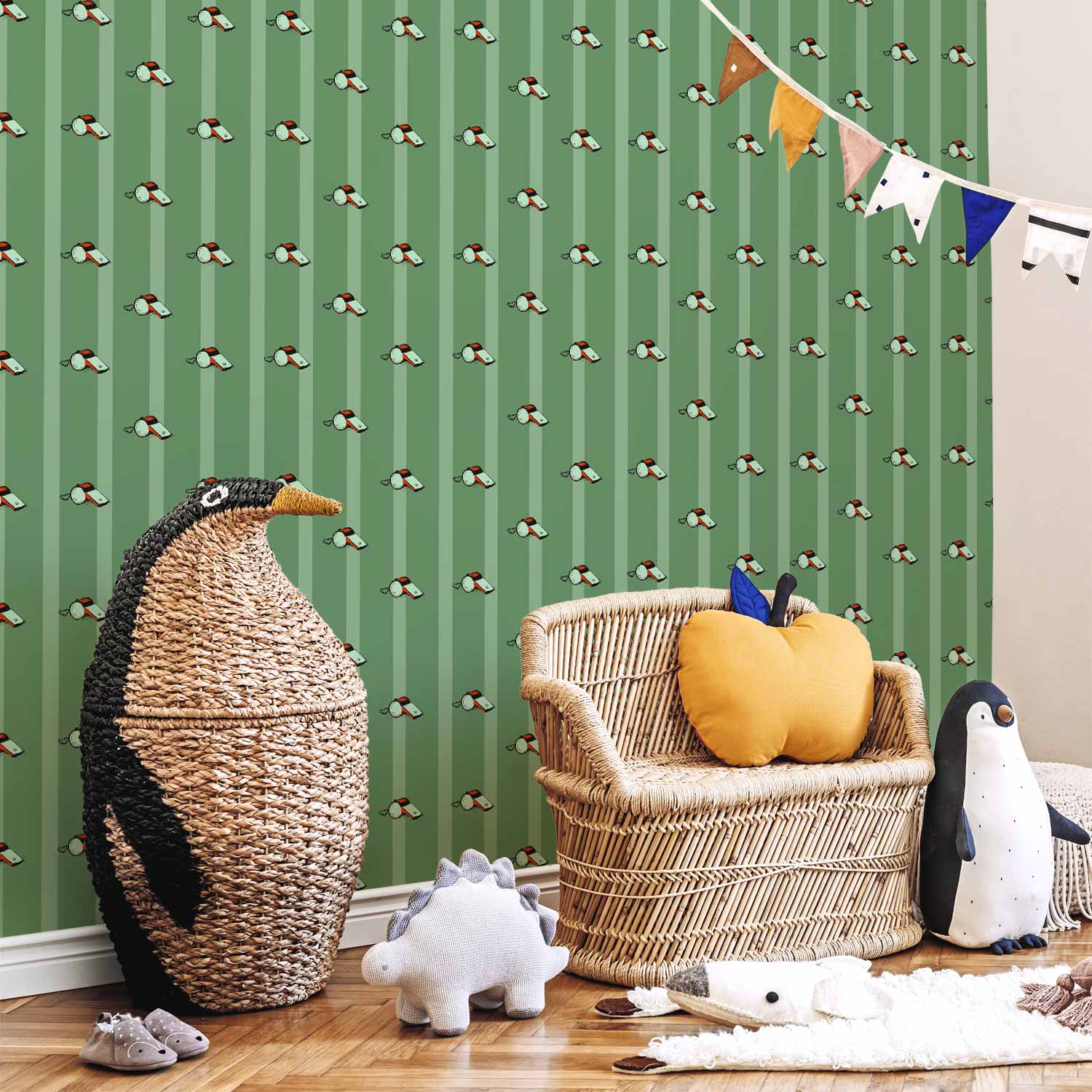 Sports Whistles Striped Green Kids Wallpaper
