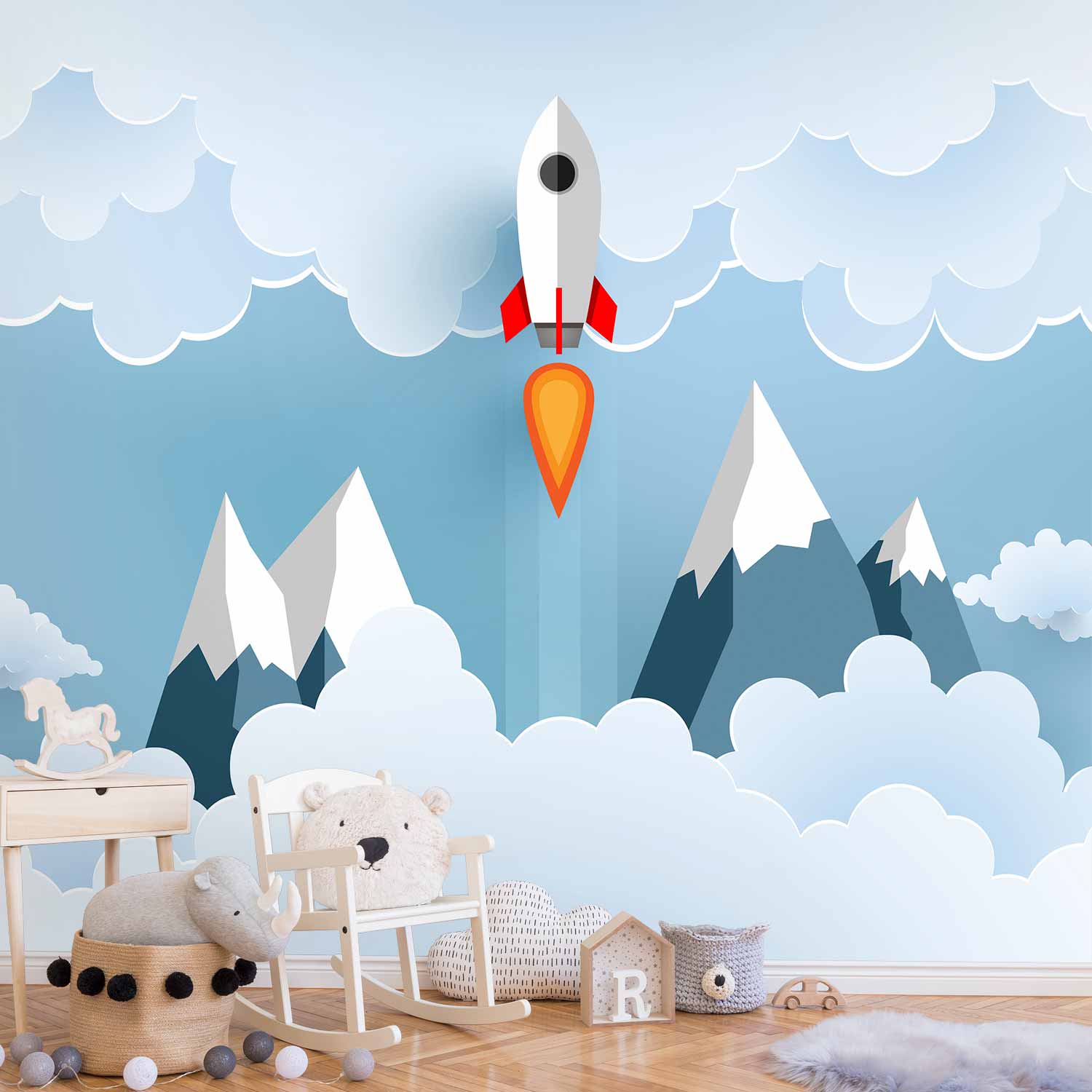 Rocket in the Clouds Space Wall Mural