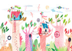 Wall Mural for Children: Painted Tree Houses, Colourful Fantasy with Kites