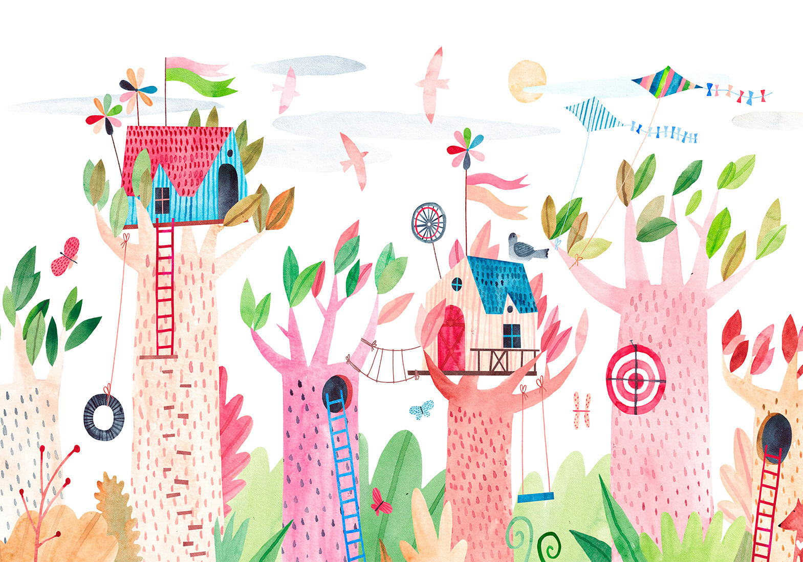 Wall Mural for Children: Painted Tree Houses, Colourful Fantasy with Kites