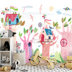 Wall Mural for Children: Painted Tree Houses, Colourful Fantasy with Kites