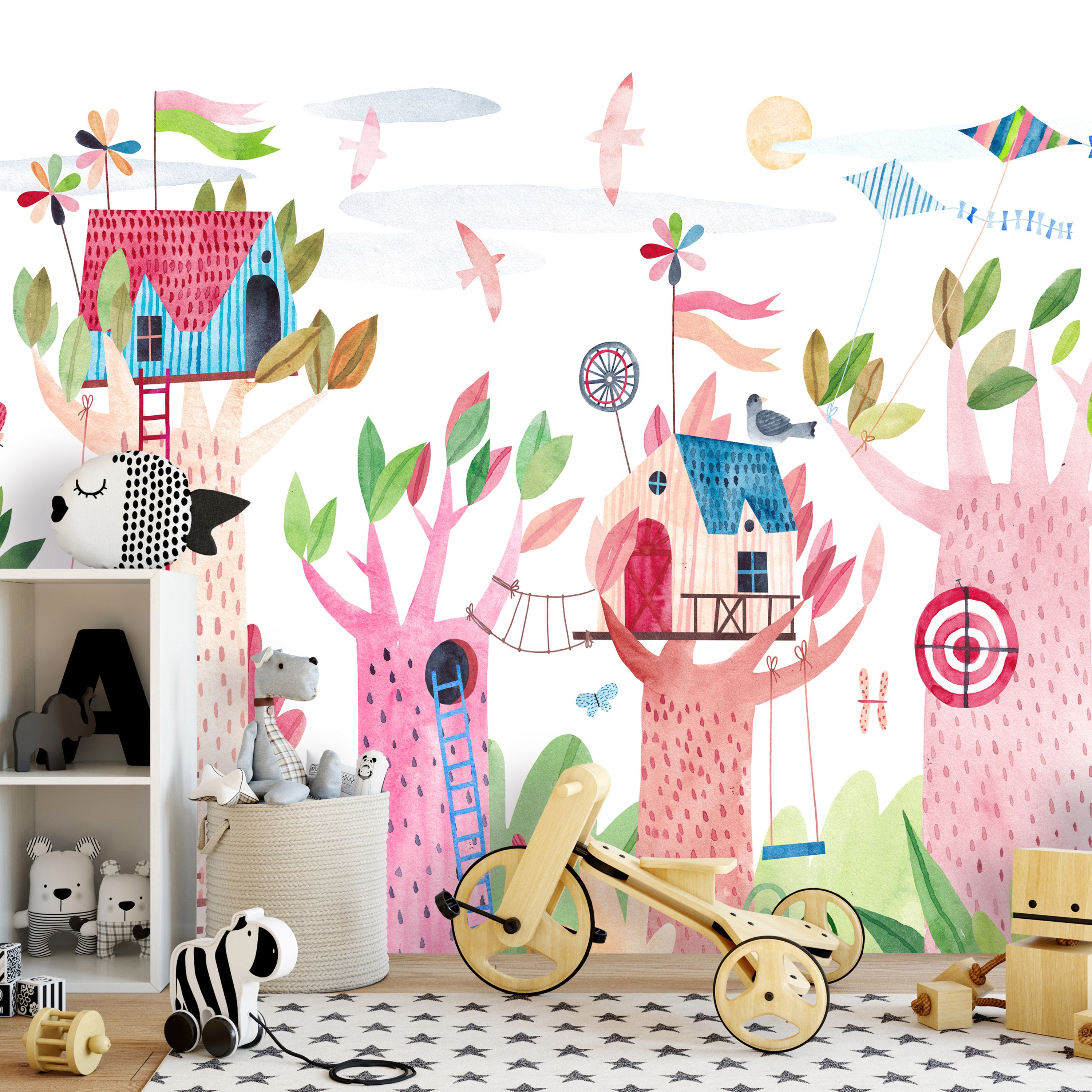 Wall Mural for Children: Painted Tree Houses, Colourful Fantasy with Kites